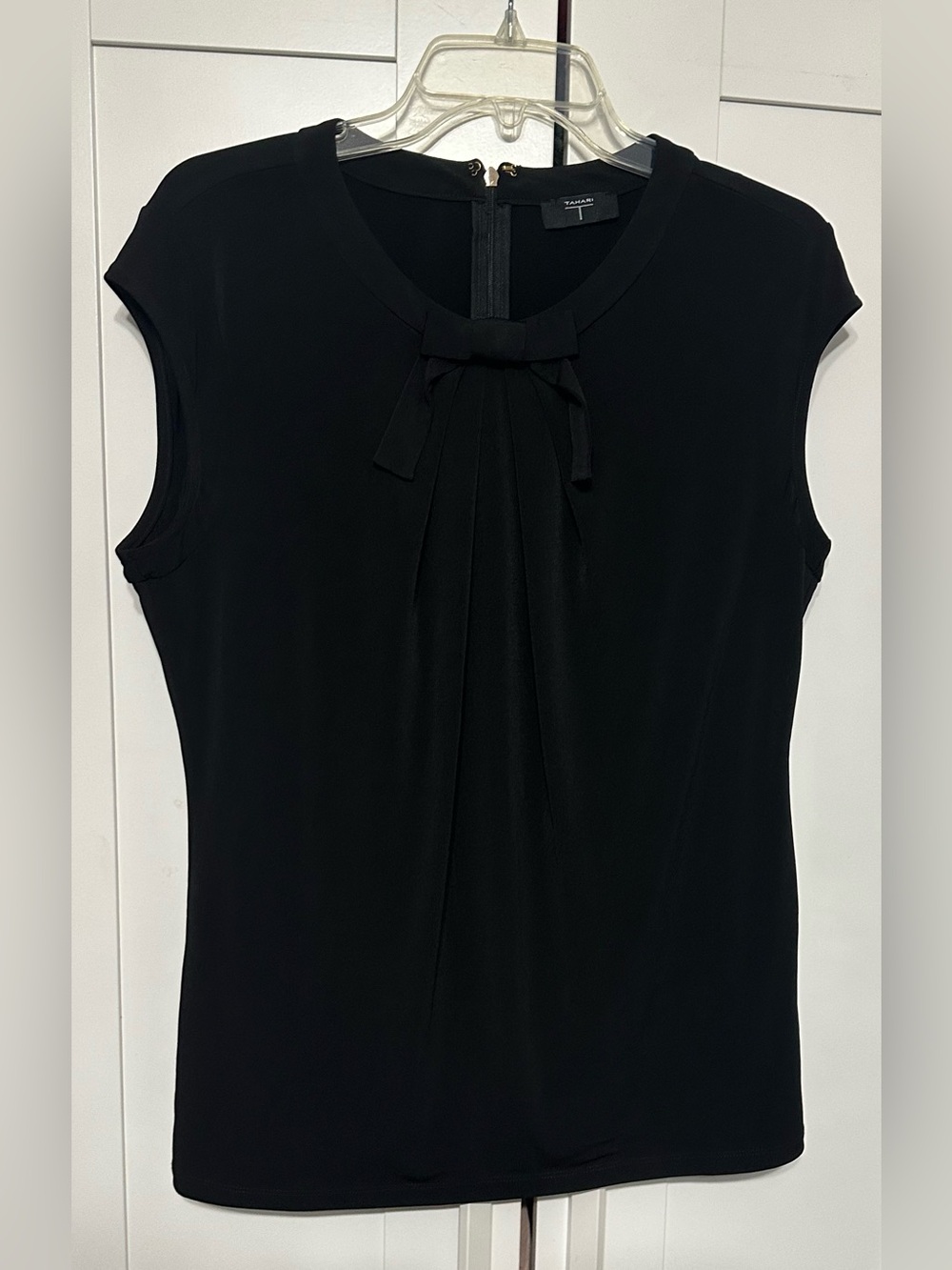 Tahari Black Cap-Sleeve Bow-Front Blouse